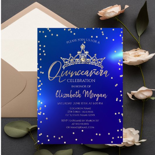 Invitation Gold Tiara Diamonds Blue Quinceañera