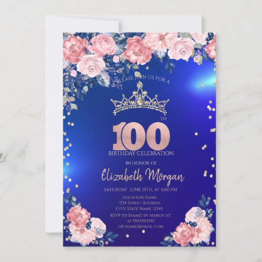 Invitation Gold Tiara Diamonds Fleurs Bleu 100e anniversaire (Devant)