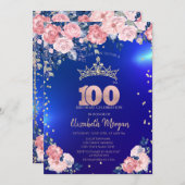 Invitation Gold Tiara Diamonds Fleurs Bleu 100e anniversaire (Devant / Derrière)