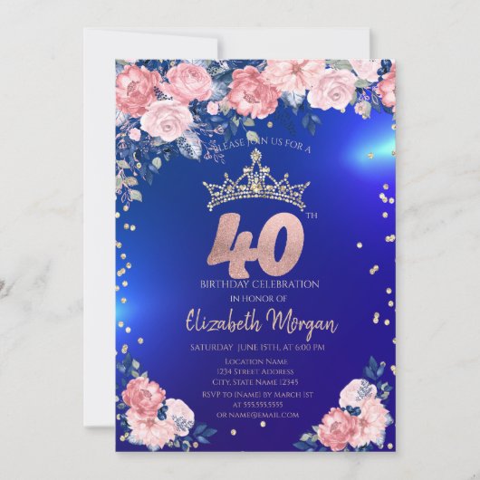 Invitation Gold Tiara Diamonds Fleurs Bleu 40e anniversaire (Devant)