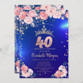 Invitation Gold Tiara Diamonds Fleurs Bleu 40e anniversaire (Devant / Derrière)