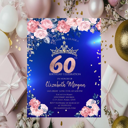 Invitation Gold Tiara Diamonds Fleurs Bleu 60e anniversaire