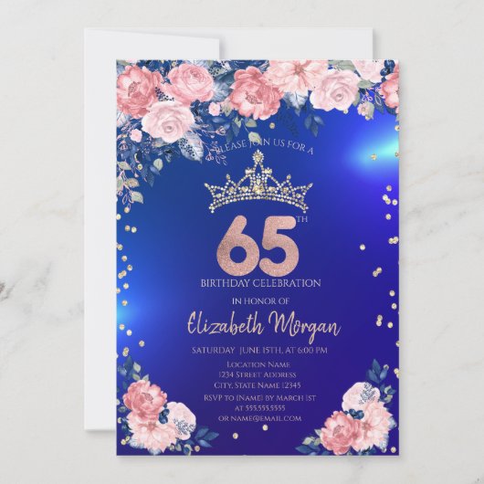 Invitation Gold Tiara Diamonds Fleurs Bleu 65e anniversaire (Devant)