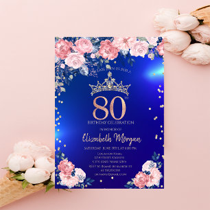 Invitation Gold Tiara Diamonds Fleurs Bleu 80e anniversaire