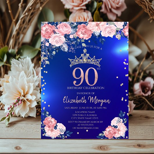 Invitation Gold Tiara Diamonds Fleurs Bleu 90e anniversaire