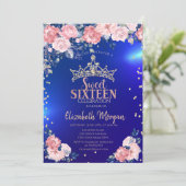 Invitation Gold Tiara Diamonds Fleurs Blue Sweet 16 (Debout devant)