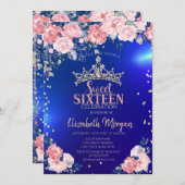 Invitation Gold Tiara Diamonds Fleurs Blue Sweet 16 (Devant / Derrière)