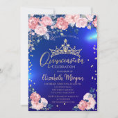 Invitation Gold Tiara Diamonds Roses Blue Quinceañera (Devant)
