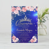 Invitation Gold Tiara Diamonds Roses Blue Quinceañera (Debout devant)