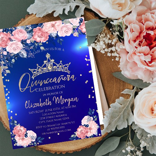 Invitation Gold Tiara Diamonds Roses Blue Quinceañera