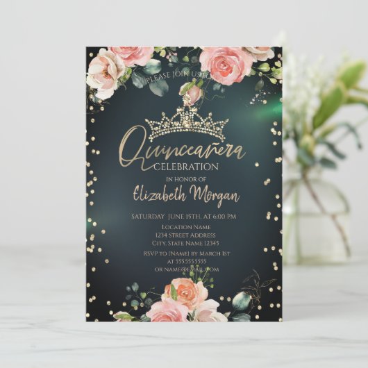 Invitation Gold Tiara Diamonds Roses Green Quinceañera (Debout devant)