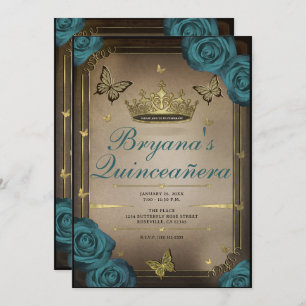 Invitation Gold Tiara Papillons Roses Turquoises Quinceañera