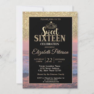 Invitation Gold Tiara Parties scintillant Bokeh Beach Sunset 