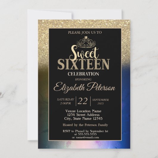Invitation Gold Tiara Parties scintillant Bokeh Ombre couleur (Devant)