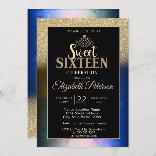 Invitation Gold Tiara Parties scintillant Bokeh Ombre couleur (Devant / Derrière)