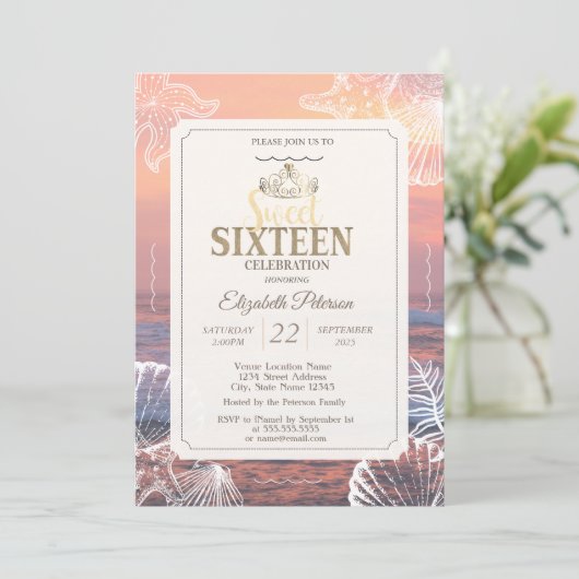 Invitation Gold Tiara Parties scintillant Bokeh Ombre Sweet 1 (Debout devant)