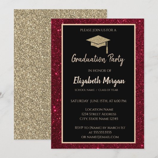 Invitation Gold Tiara Red Parties scintillant Graduation (Devant / Derrière)