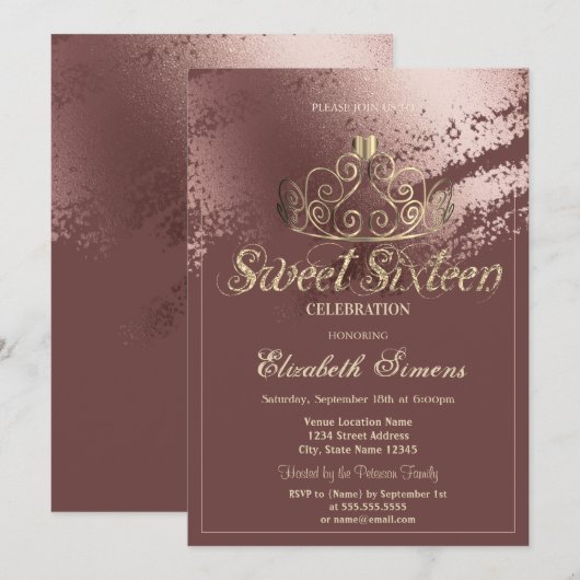 Invitation Gold Tiara Rose Gold Brush Stroke Sweet 16 (Devant / Derrière)