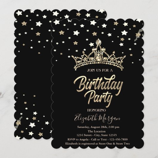 Invitation Gold Tiara Stars Black Birthday Party (Devant / Derrière)