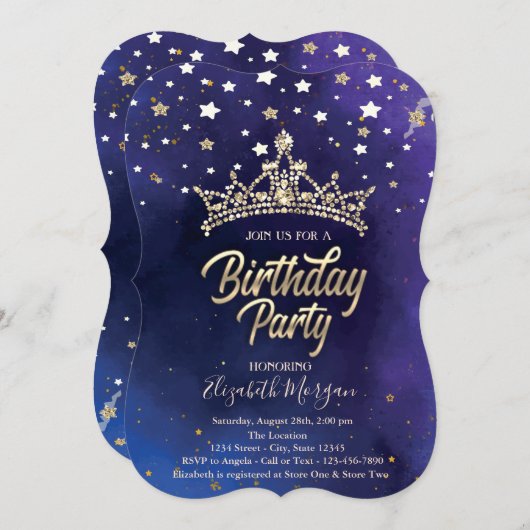 Invitation Gold Tiara Stars Blue Anniversaire (Devant / Derrière)