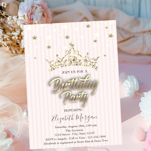 Invitation Gold Tiara Stars Frappe Anniversaire
