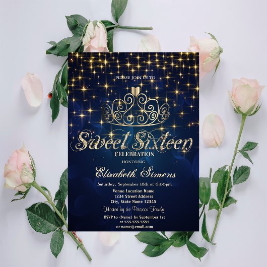 Invitation Gold Tiara Stars Princess Navy Blue Sweet 16