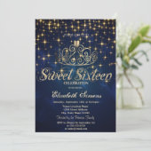 Invitation Gold Tiara Stars Princess Navy Blue Sweet 16 (Debout devant)