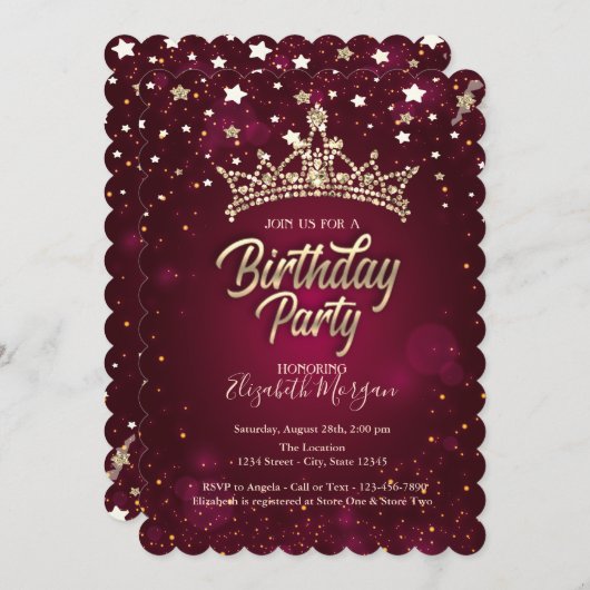 Invitation Gold Tiara Stars Red Anniversaire (Devant / Derrière)