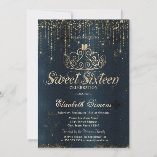 Invitation Gold Tiara String Lights Blue Princess Sweet 16 (Devant)