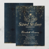 Invitation Gold Tiara String Lights Blue Princess Sweet 16 (Devant / Derrière)