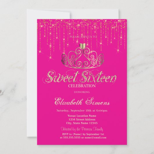 Invitation Gold Tiara String Lights Princess Pink Sweet 16 (Devant)