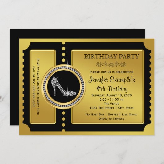 Invitation Gold Ticket High Heel Chaussure Anniversaire (Devant / Derrière)