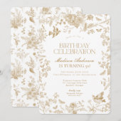 Invitation Gold Toile De Jouy French Floral Anniversaire (Devant / Derrière)