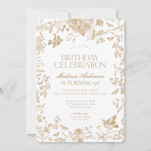 Invitation Gold Toile De Jouy French Floral Anniversaire (Devant)