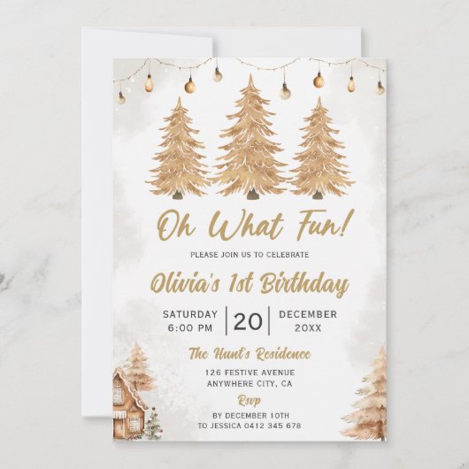Invitation Gold Tree Oh What Fun Noël fête d'anniversaire (Devant)