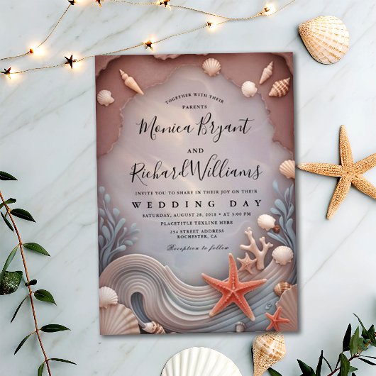 Invitation Gold Tropical Beach Rose Couple's Day Mariage