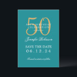 Invitation Gold Turquoise 50th Birthday Enregistrer la date D<br><div class="desc">Design élégant "50th Birthday Party" avec un script de typographie formel,  nom personnalisé et texte de détails. Facile à utiliser et facile à personnaliser. Commandez aujourd'hui !</div>