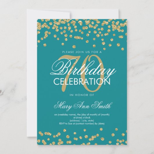 Invitation Gold Turquoise 70e anniversaire Parties scintillan (Devant)