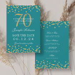 Invitation Gold Turquoise 70th Birthday Enregistrer la date D<br><div class="desc">Elégant design "70th Birthday Party" avec faux confettis de parties scintillant & détails texte. Facile à utiliser et facile à personnaliser. Commandez aujourd'hui !</div>