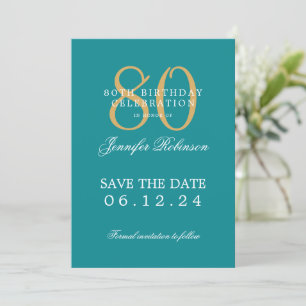 Invitation Gold Turquoise 80e anniversaire Enregistrer la dat