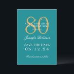 Invitation Gold Turquoise 80th Birthday Enregistrer la date D<br><div class="desc">Design élégant "80th Birthday Party" avec un script de typographie formel,  nom personnalisé et texte de détails. Facile à utiliser et facile à personnaliser. Commandez aujourd'hui !</div>