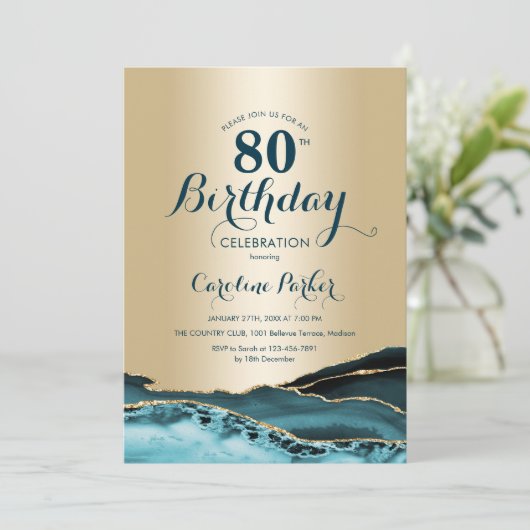 Invitation Gold Turquoise Agate 80e anniversaire (Debout devant)