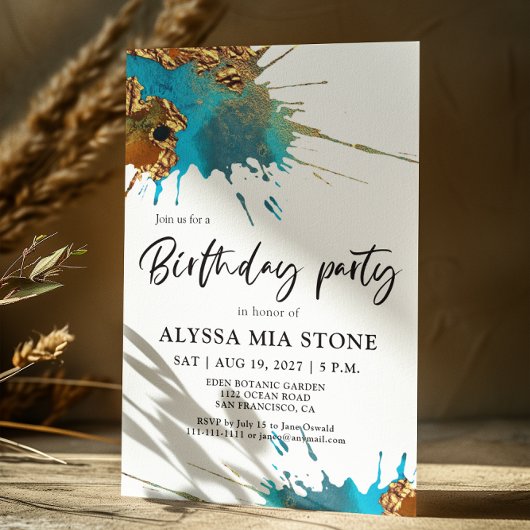 Invitation Gold Turquoise Artish Splash fête d'anniversaire