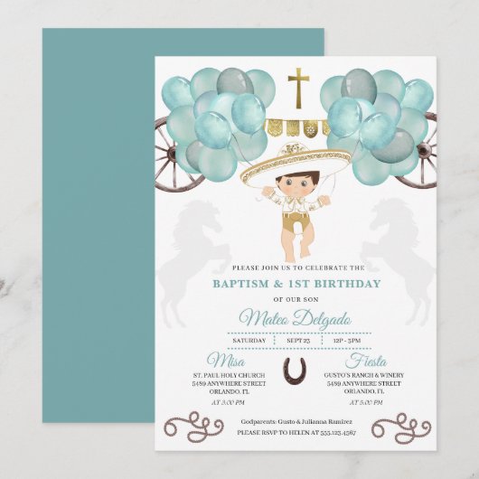 Invitation Gold & Turquoise Bleu Mexicain Baby Boy Charro Bap (Devant / Derrière)
