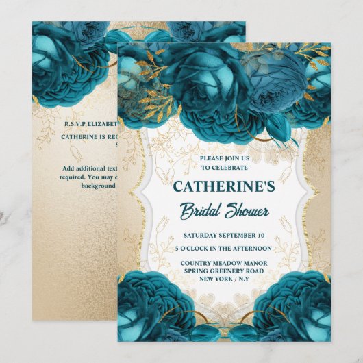 Invitation Gold turquoise bleu rose aquarelle nuptiale douche (Devant / Derrière)