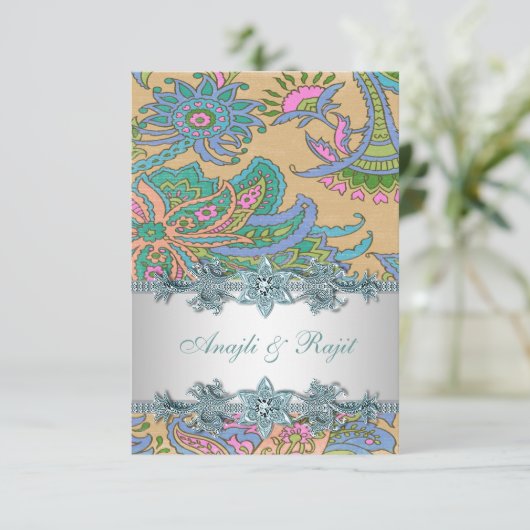 Invitation Gold Turquoise Blue Paisley Réception de mariage i (Debout devant)