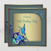Invitation Gold Turquoise Butterfly Womans 50e fête d'anniver (Devant / Derrière)