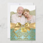 Invitation Gold Turquoise Damask & Bow Photo 50e anniversaire (Devant)