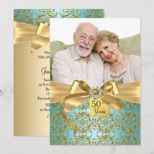 Invitation Gold Turquoise Damask & Bow Photo 50e anniversaire (Devant / Derrière)