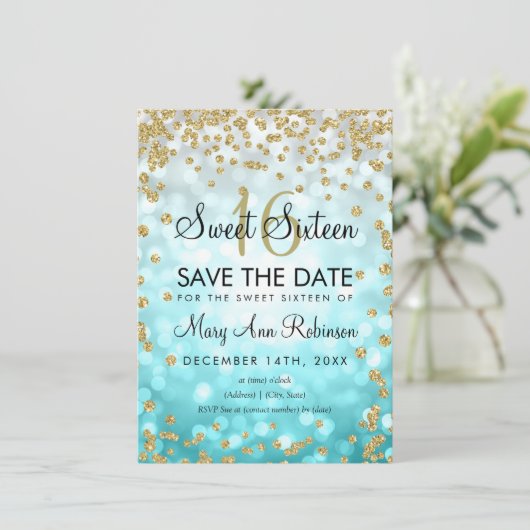 Invitation Gold Turquoise Ombre Sweet 16 Enregistrer La Parti (Debout devant)